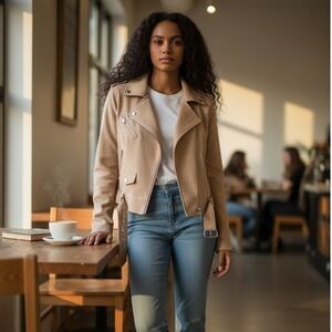 Charlotte Russe Womens Tan Suede Moto Jacket Belted Buckle Collar XL